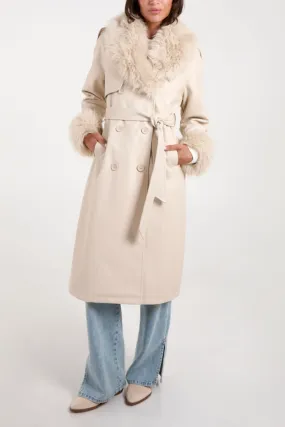 Fur Trim Double Breasted PU Coat