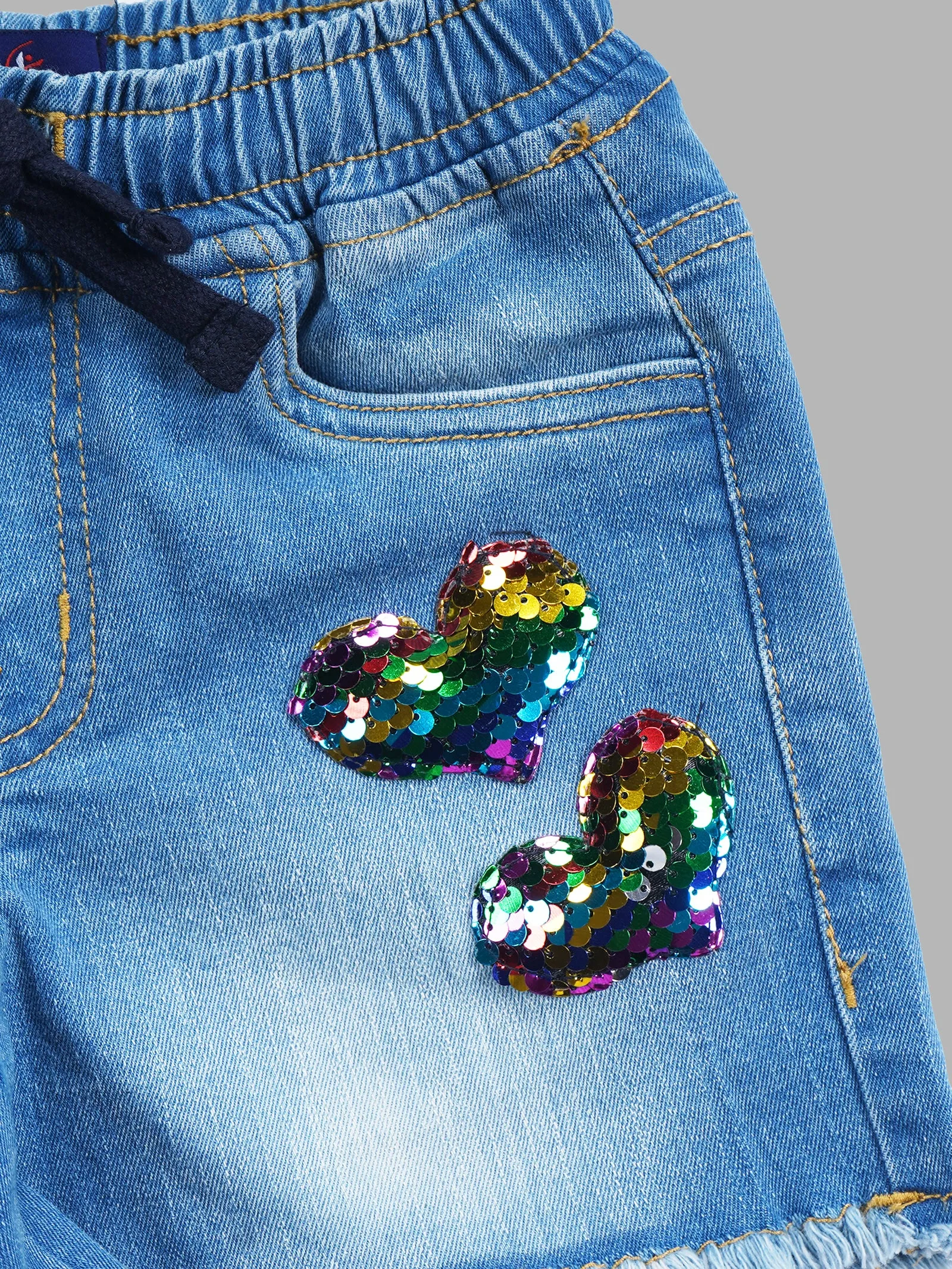 Girls Heart Sequin Embellished Denim Shorts