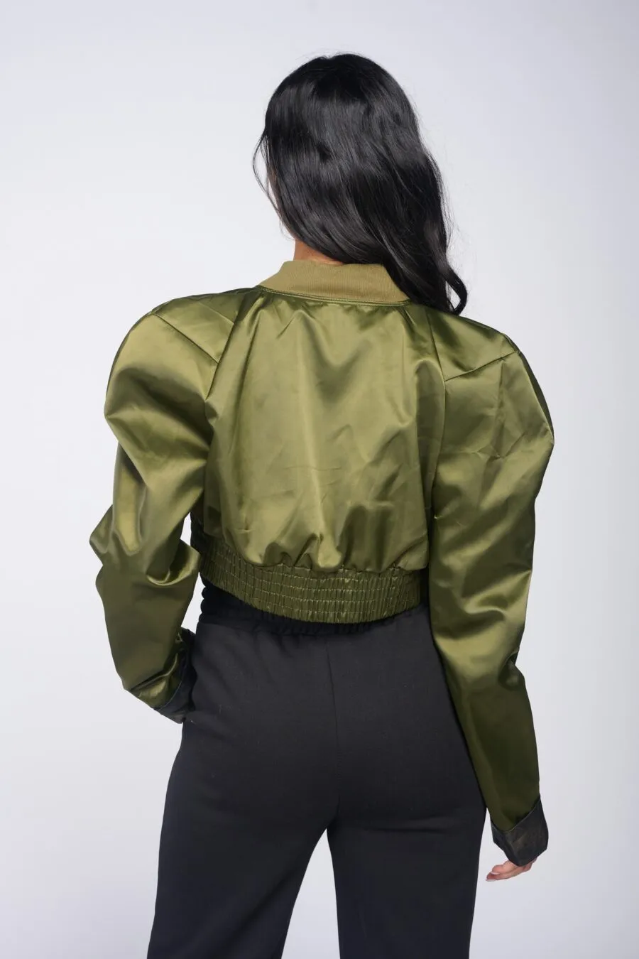 Green cropped satin bomber jacket | CROP SATIN BOMBER JACKET