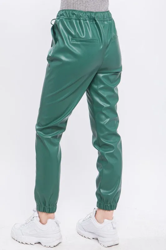 Green Stone PU Faux Leather Jogger Pants