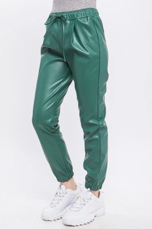 Green Stone PU Faux Leather Jogger Pants