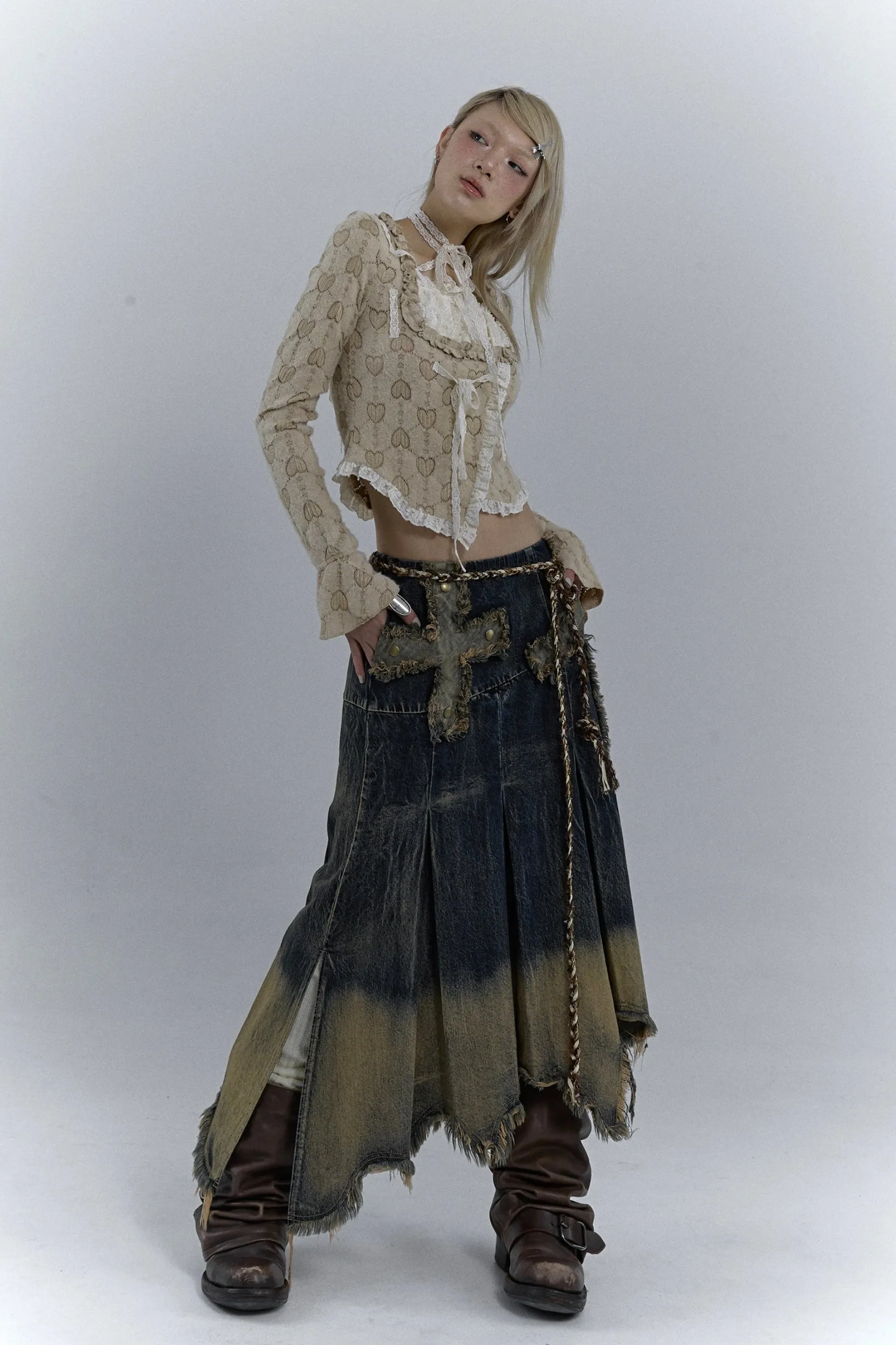 Grunge Cross Patch Pleated Maxi Skirt