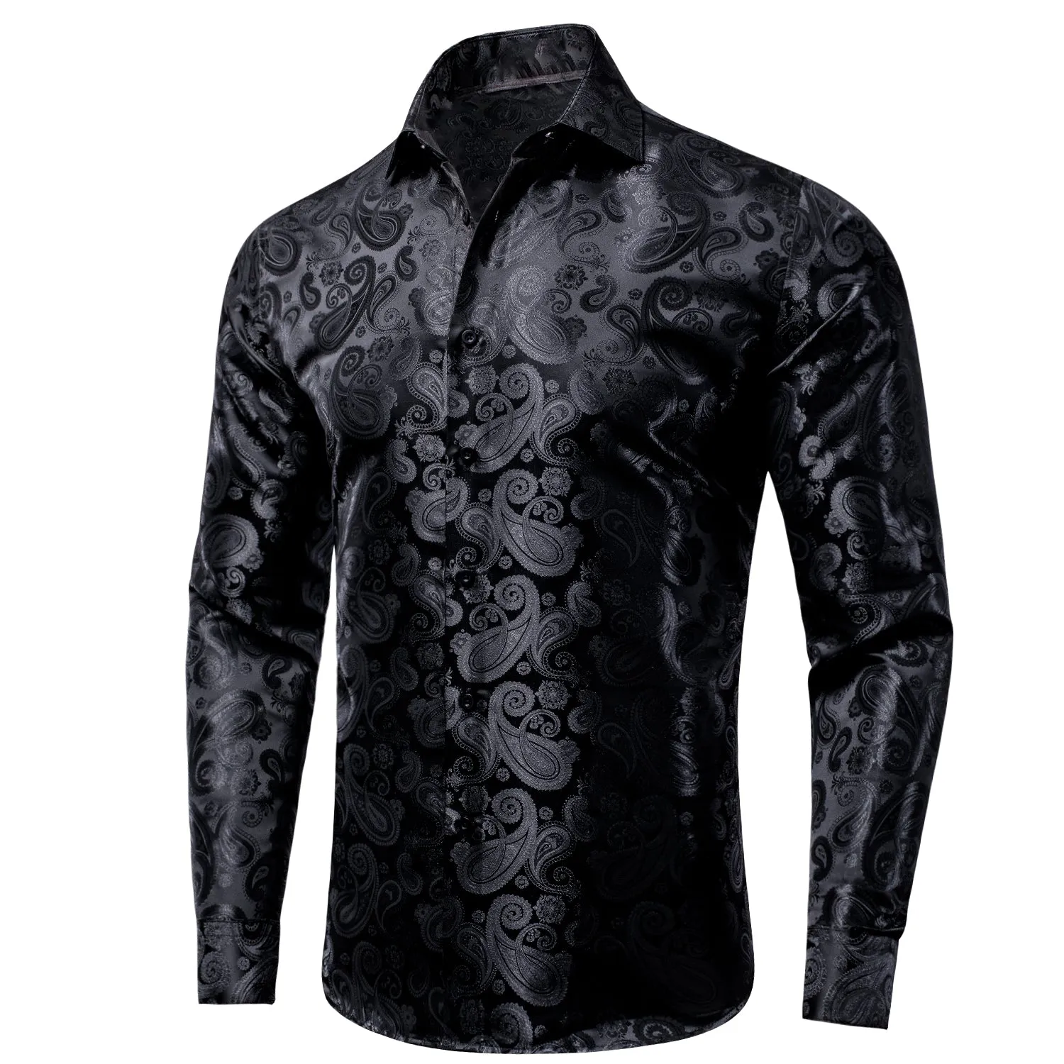 Hi-Tie Black Men Shirt Black Paisley Silk Men Long Sleeve Shirt Casual