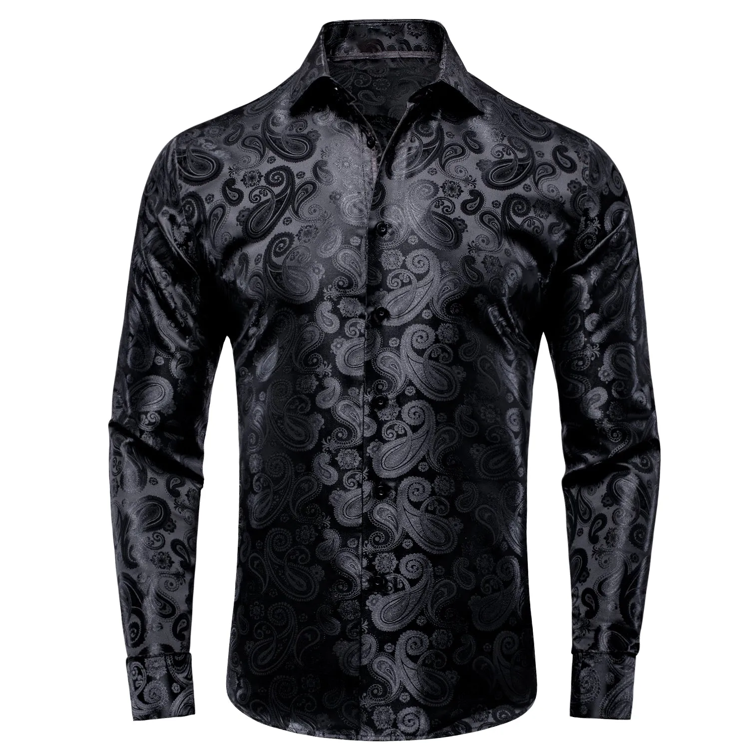 Hi-Tie Black Men Shirt Black Paisley Silk Men Long Sleeve Shirt Casual