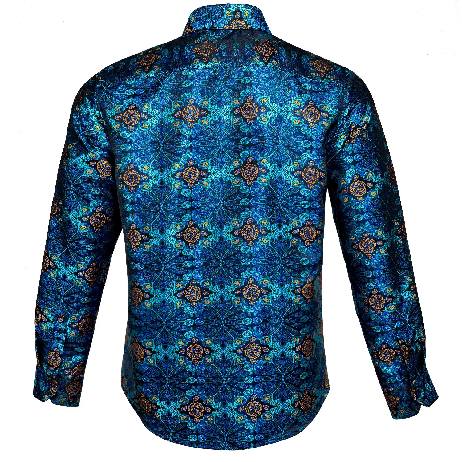 Hi-Tie Blue Dress Shirt Golden Floral Jacquard Button Up Shirt