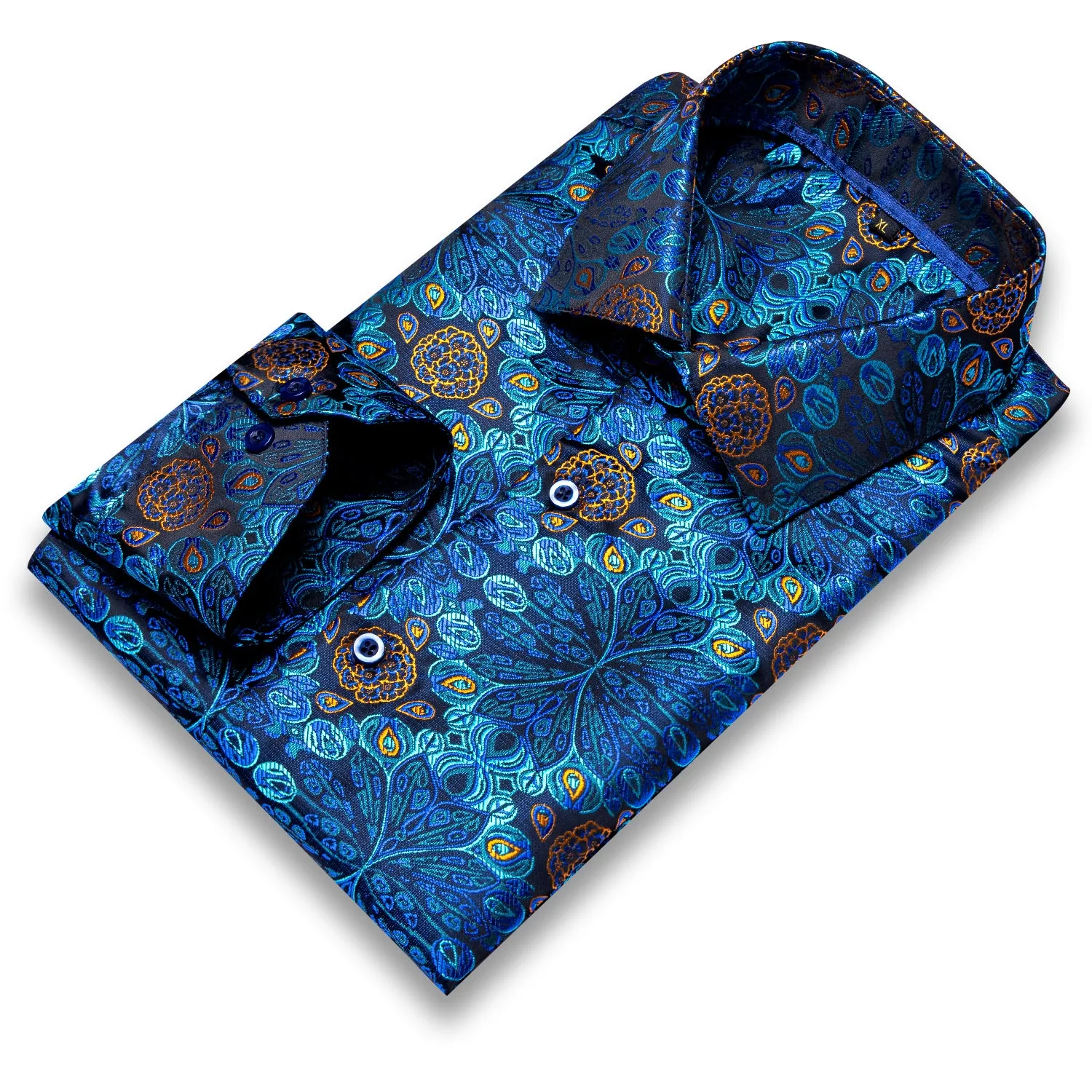 Hi-Tie Blue Dress Shirt Golden Floral Jacquard Button Up Shirt