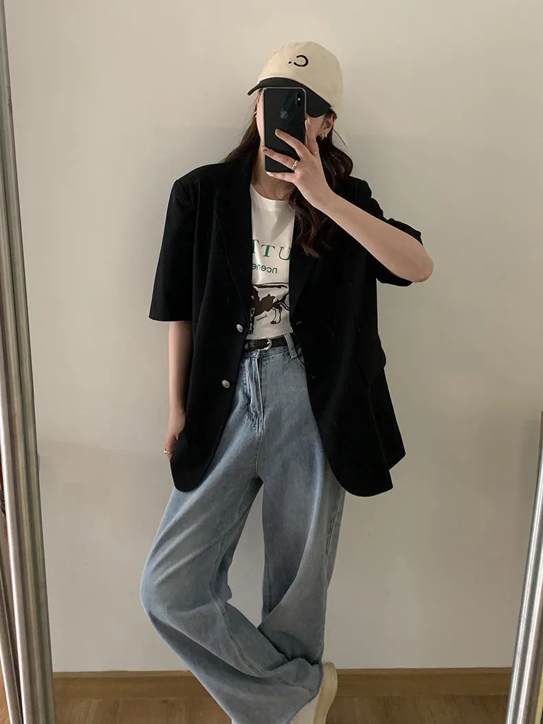 [Korean Style] Grey Black Loose Fit Short Sleeve Padded Blazer