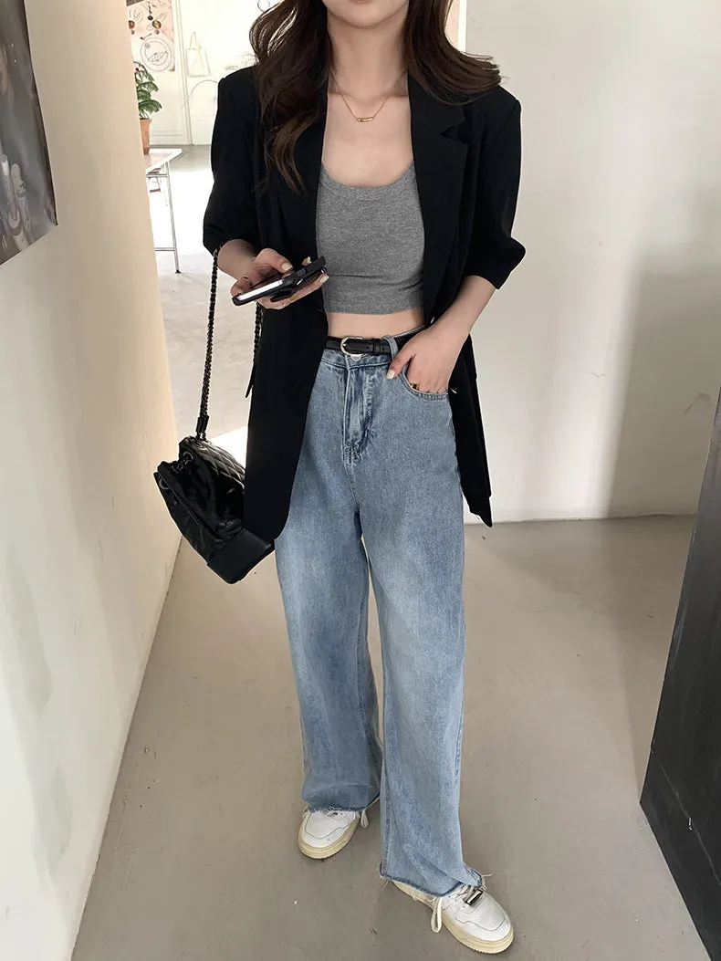 [Korean Style] Grey Black Loose Fit Short Sleeve Padded Blazer