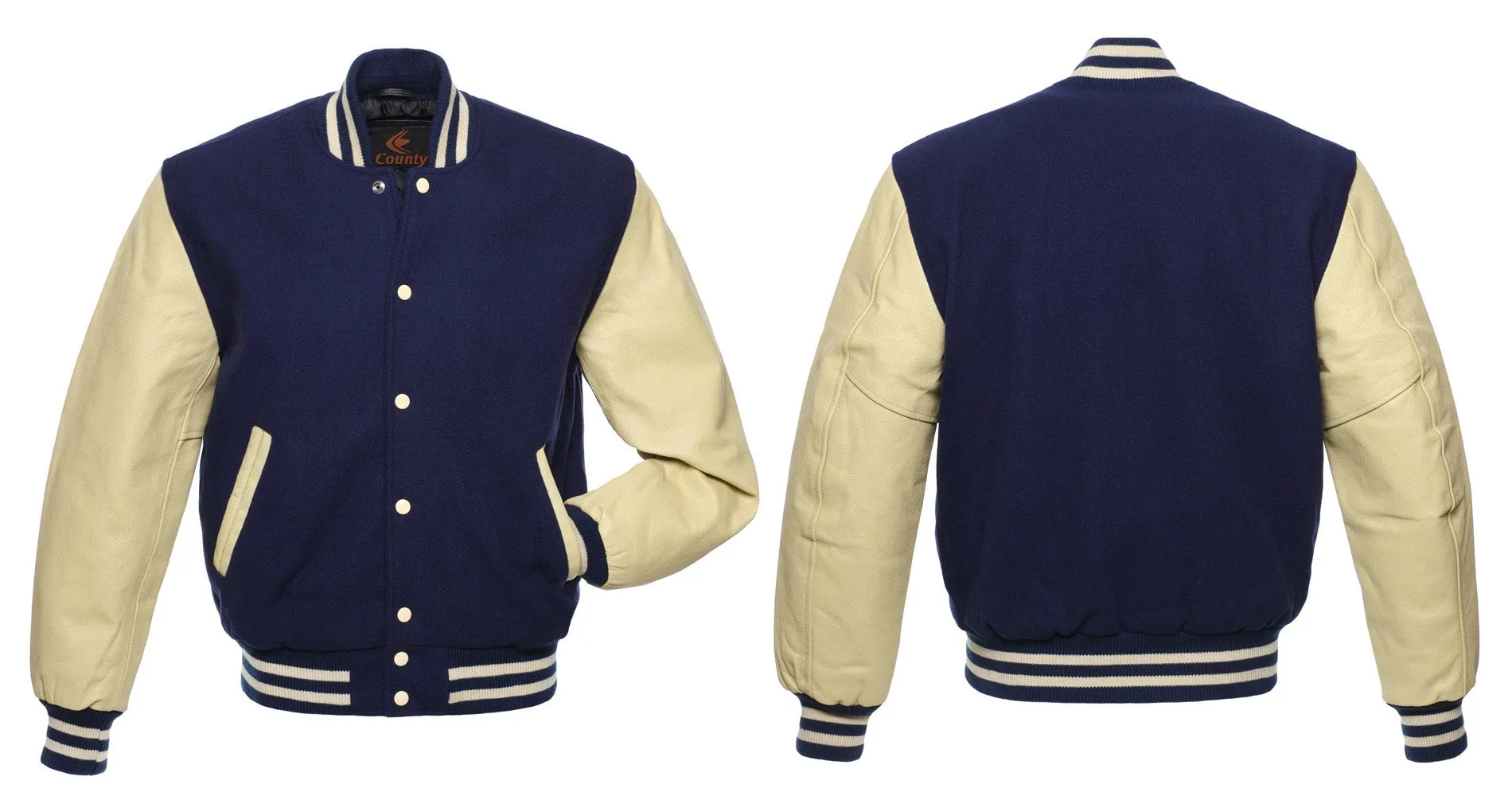 Letterman Jacket Navy Blue Body and Cream Leather Sleeves Varsity Jacket