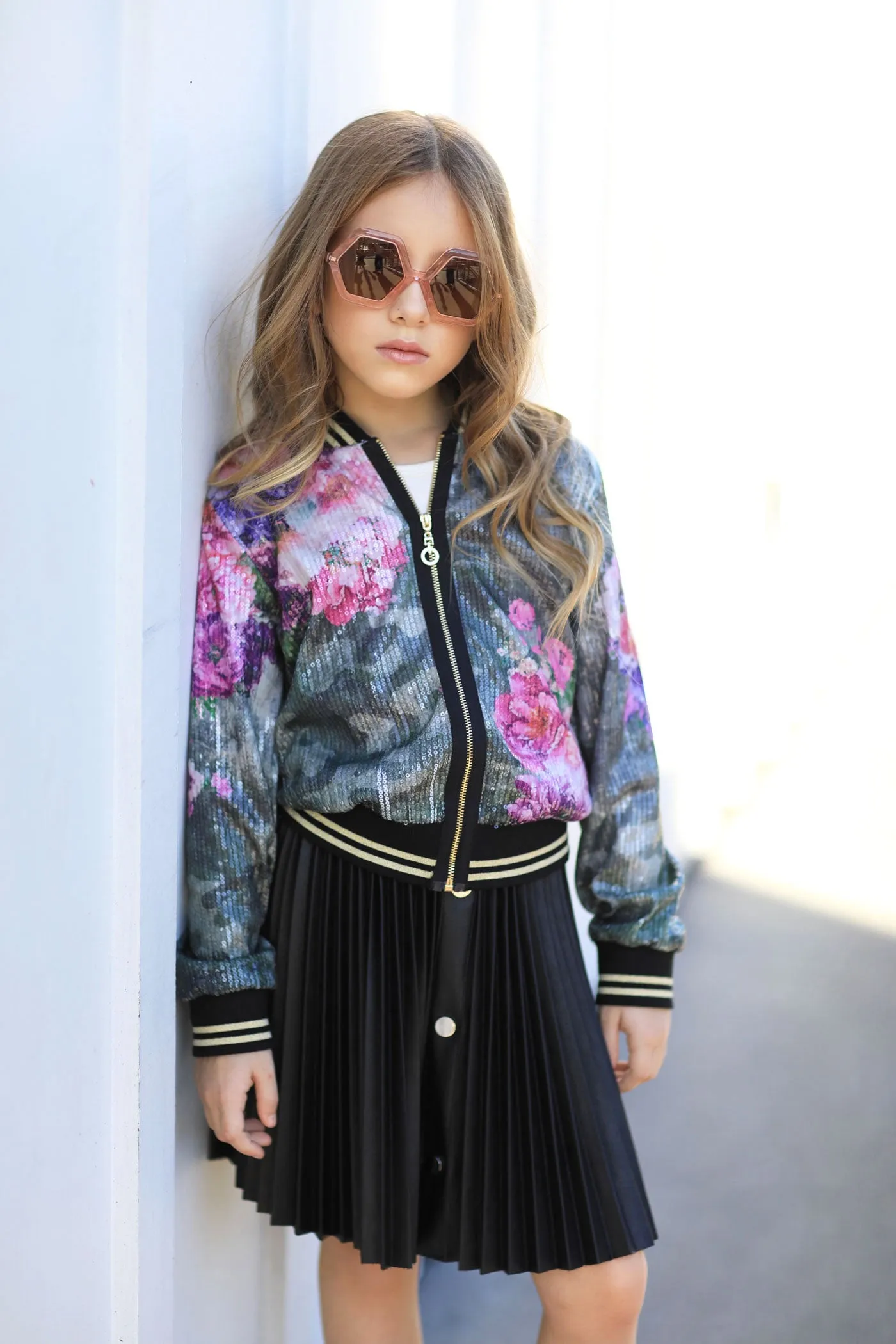 Little Girl's Sequin Floral Camo Print Bomber Jacket