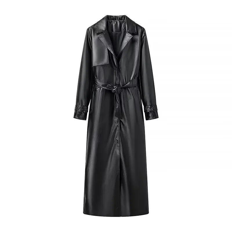 Long Sleeve PU Full Length Trench Coat