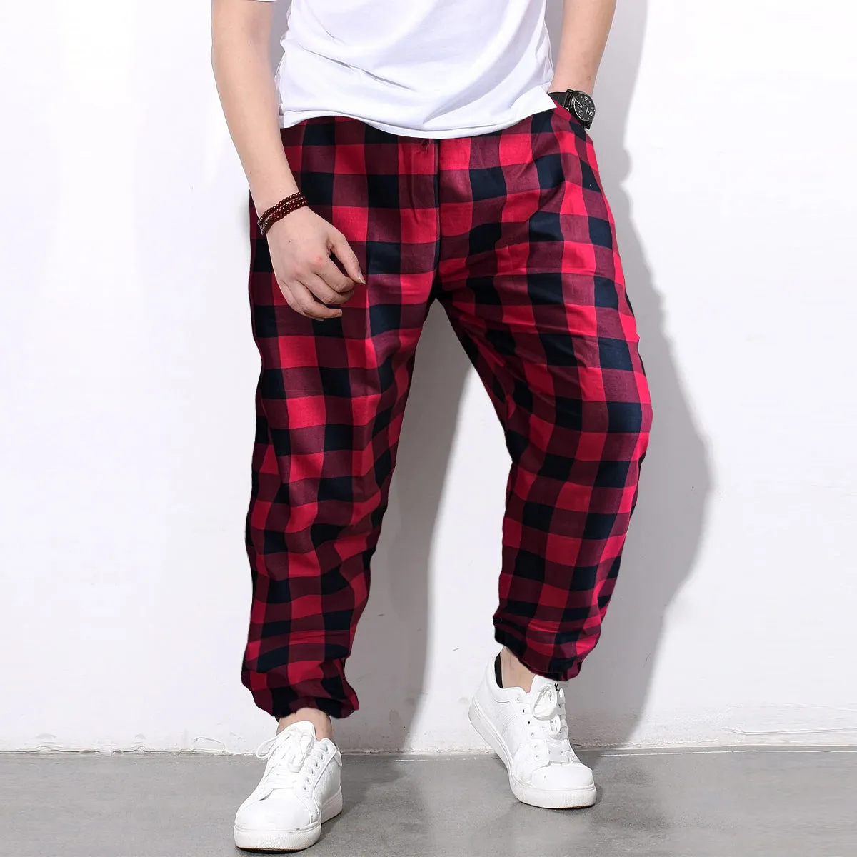 Loose Pants Red Checkered And White Stripped Jogger Breathable Casual Harem Combo-Unisex Pants for Men and Women (Pack of 2)