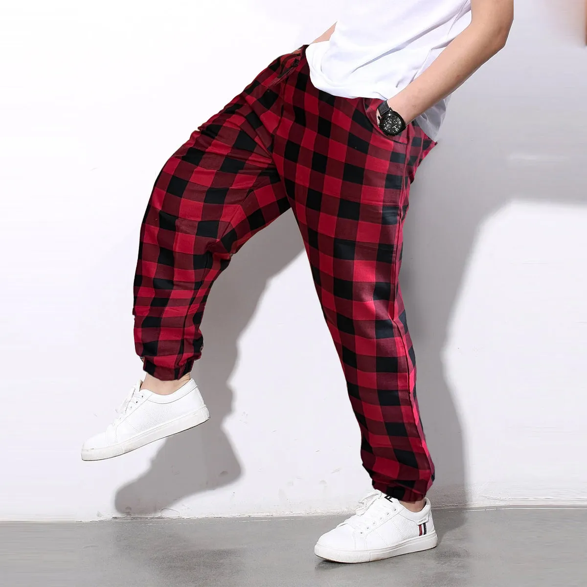 Loose Pants Red Checkered And White Stripped Jogger Breathable Casual Harem Combo-Unisex Pants for Men and Women (Pack of 2)