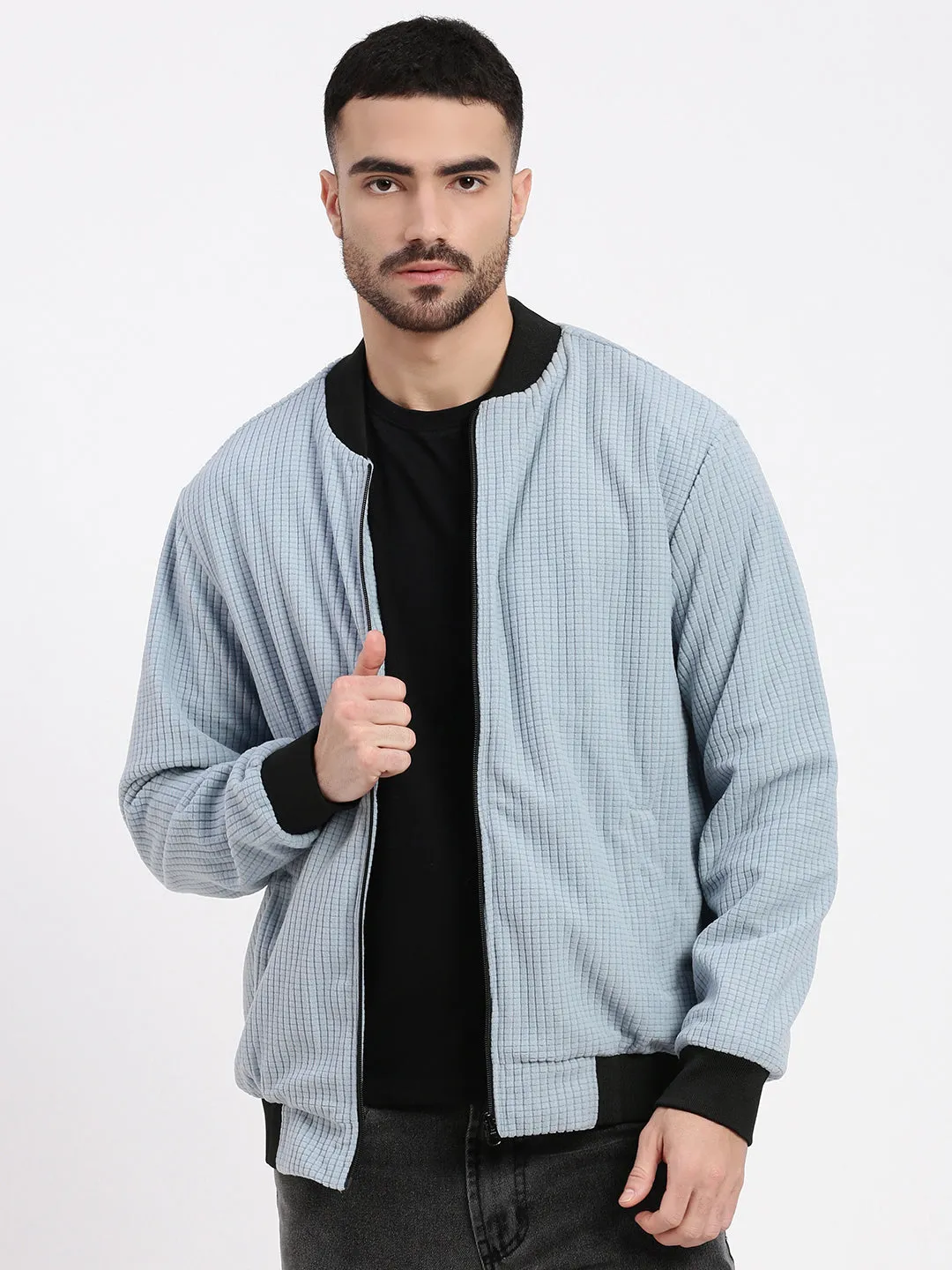 Men Blue Solid Bomber Jacket