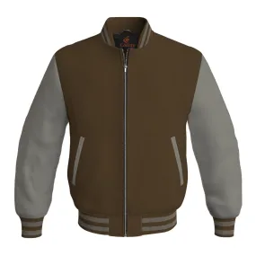 Mens Bomber Jacket Brown Body and Gray Leather Sleeves Bomber Jacket