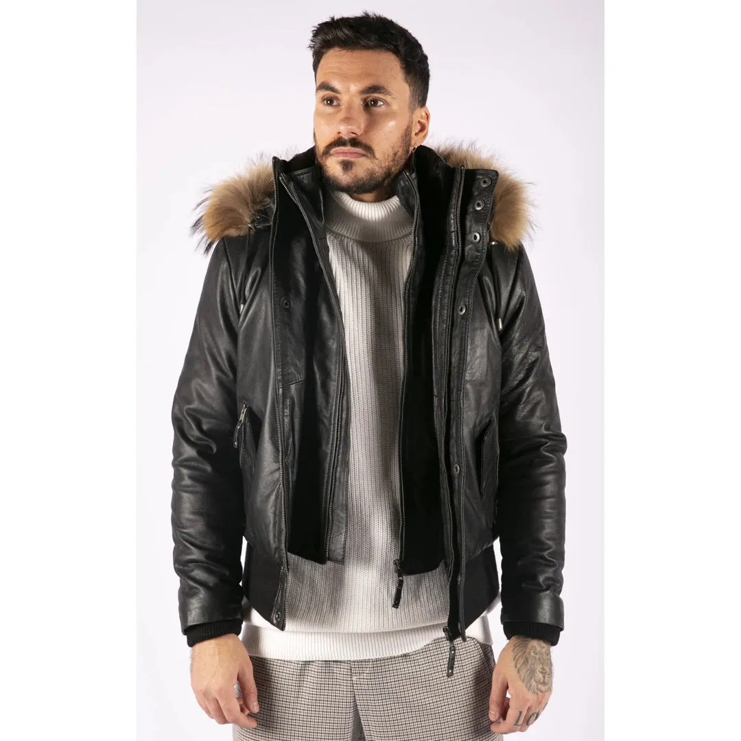 Men's Fur Hood Bomber Leather Jacket Black Puffer Padded