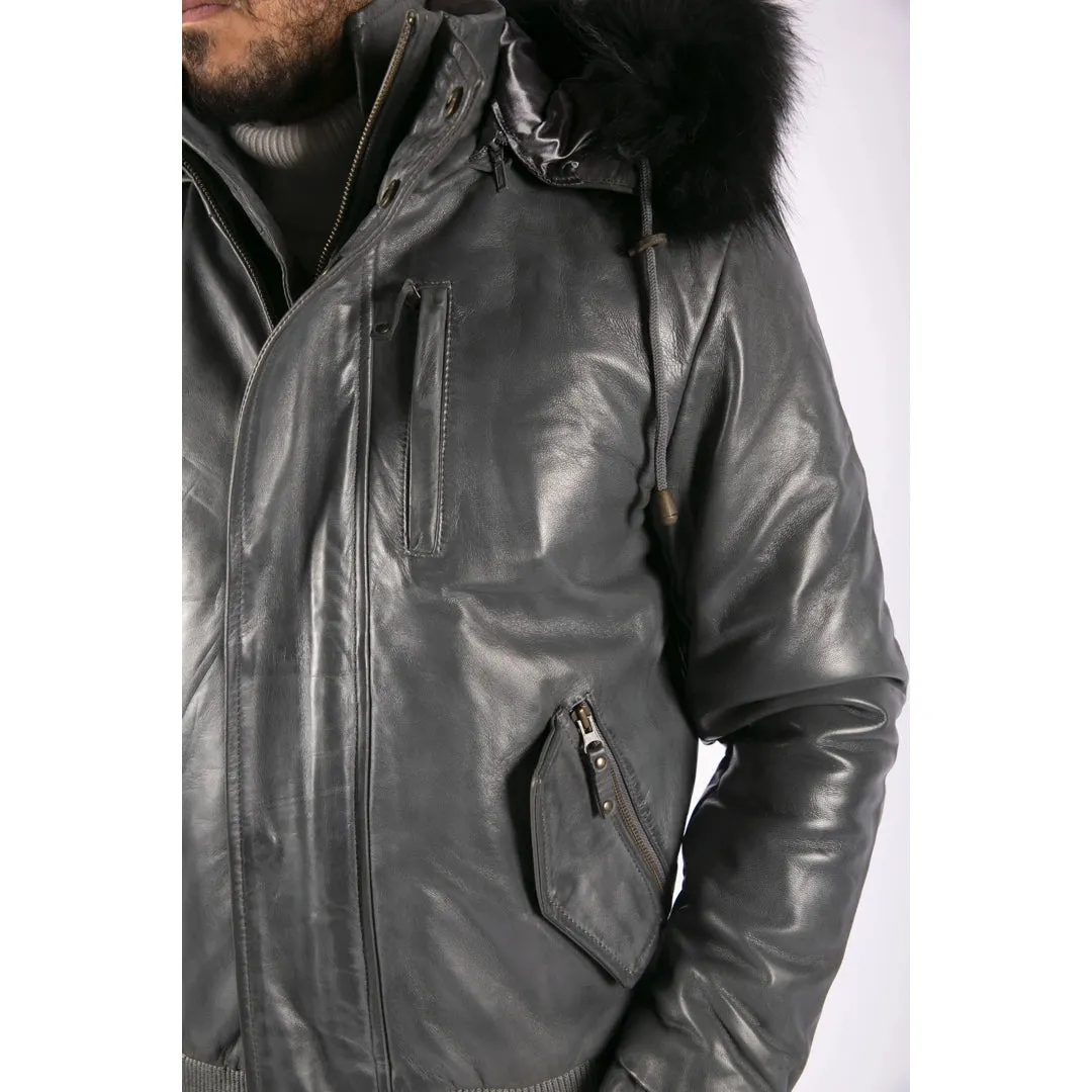 Men's Fur Hood Bomber Leather Jacket Black Puffer Padded