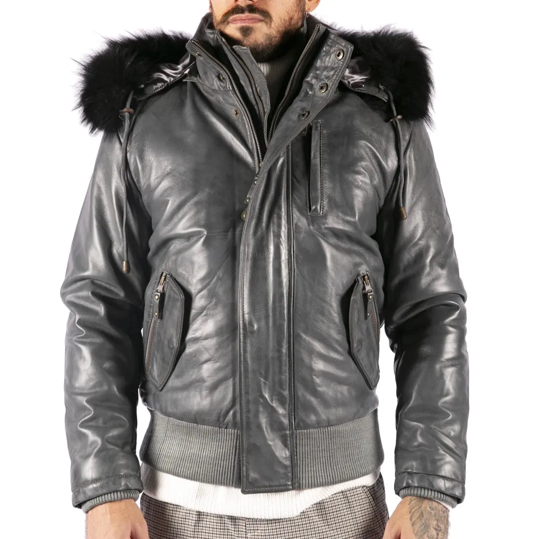 Men's Fur Hood Bomber Leather Jacket Black Puffer Padded