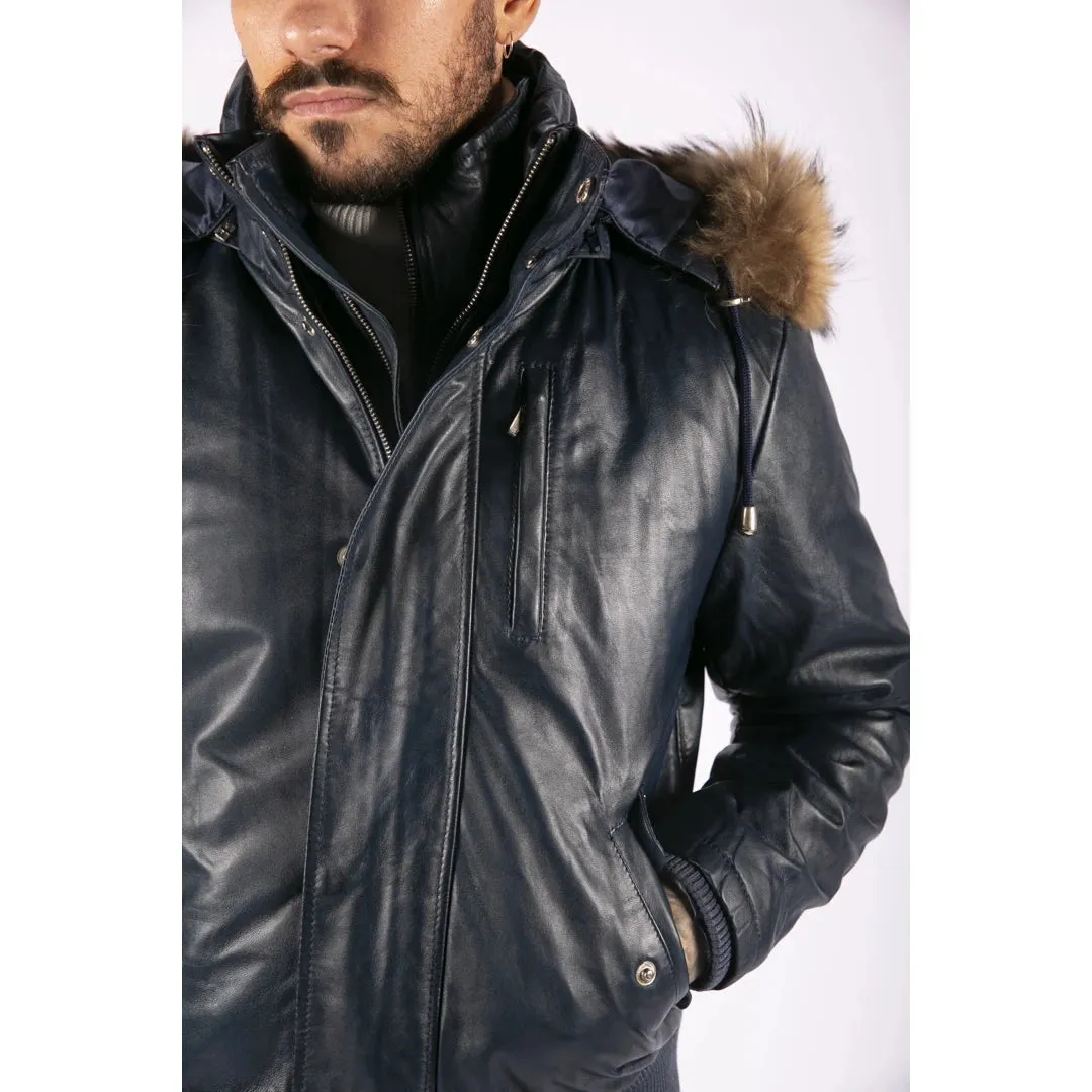 Men's Fur Hood Bomber Leather Jacket Black Puffer Padded