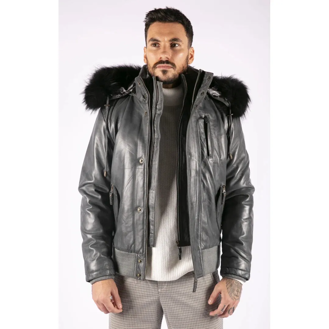 Men's Fur Hood Bomber Leather Jacket Black Puffer Padded