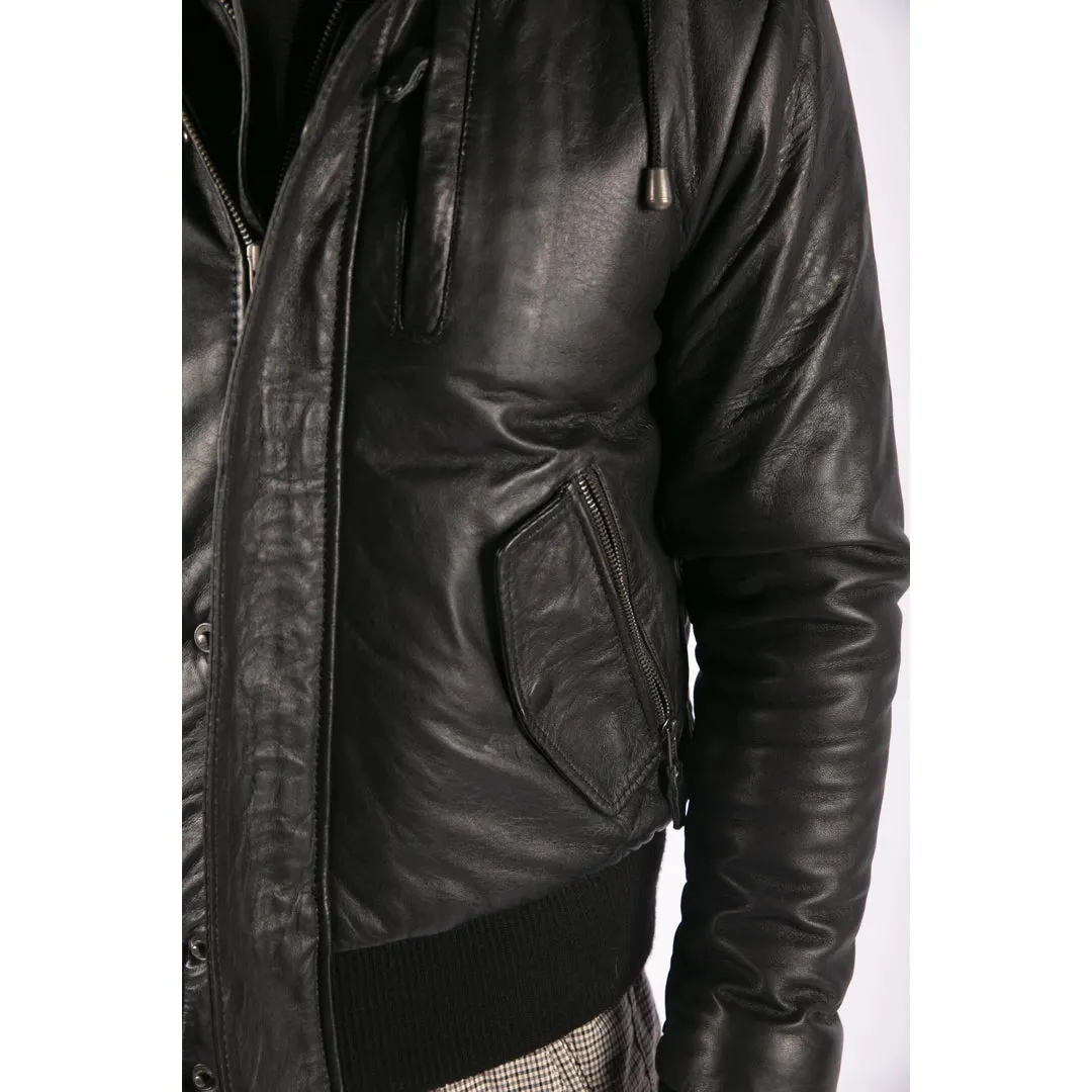 Men's Fur Hood Bomber Leather Jacket Black Puffer Padded