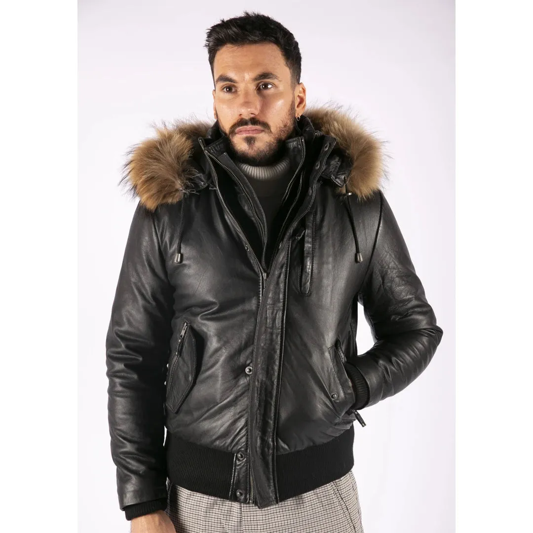 Men's Fur Hood Bomber Leather Jacket Black Puffer Padded