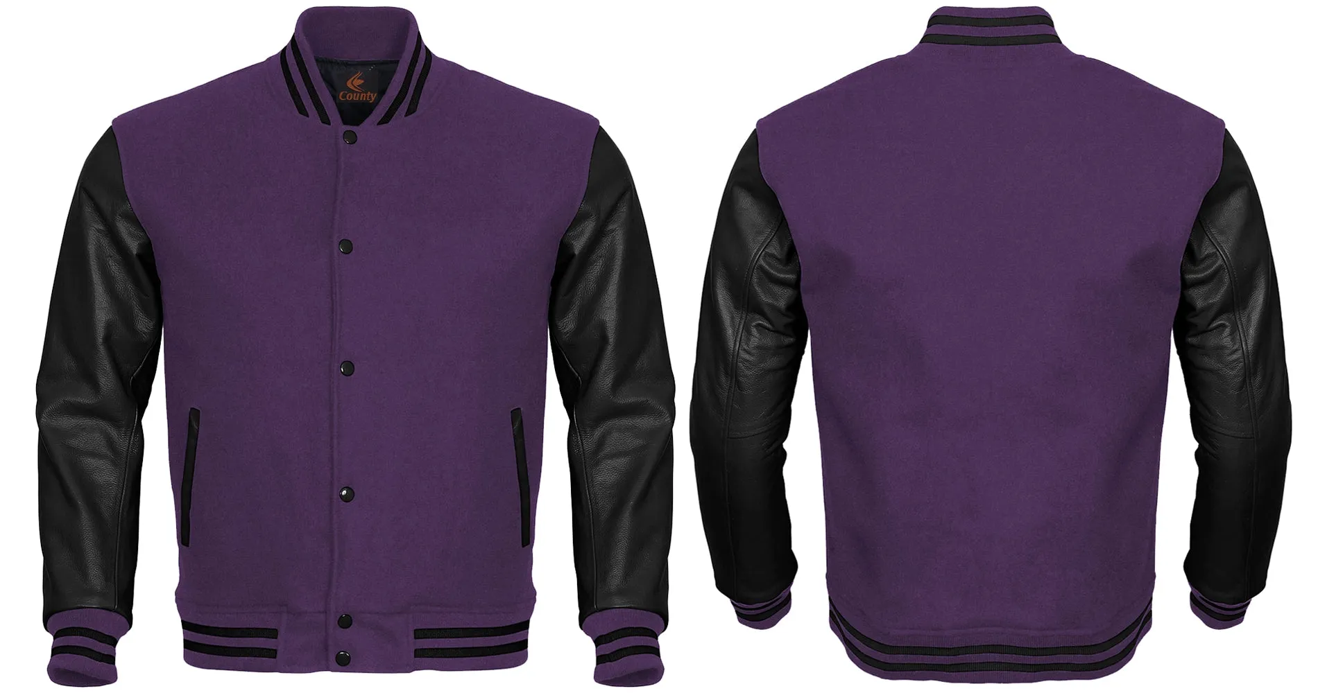 Mens Letterman Jacket Purple Body and Black Leather Sleeves Varsity Jacket