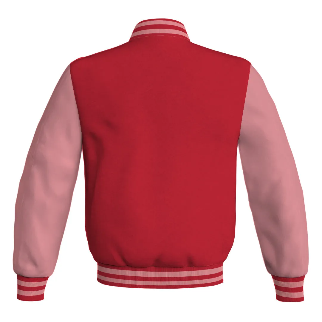 Mens Letterman Jacket Red Body and Pink Leather Sleeves Bomber Jacket