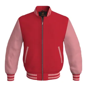 Mens Letterman Jacket Red Body and Pink Leather Sleeves Bomber Jacket