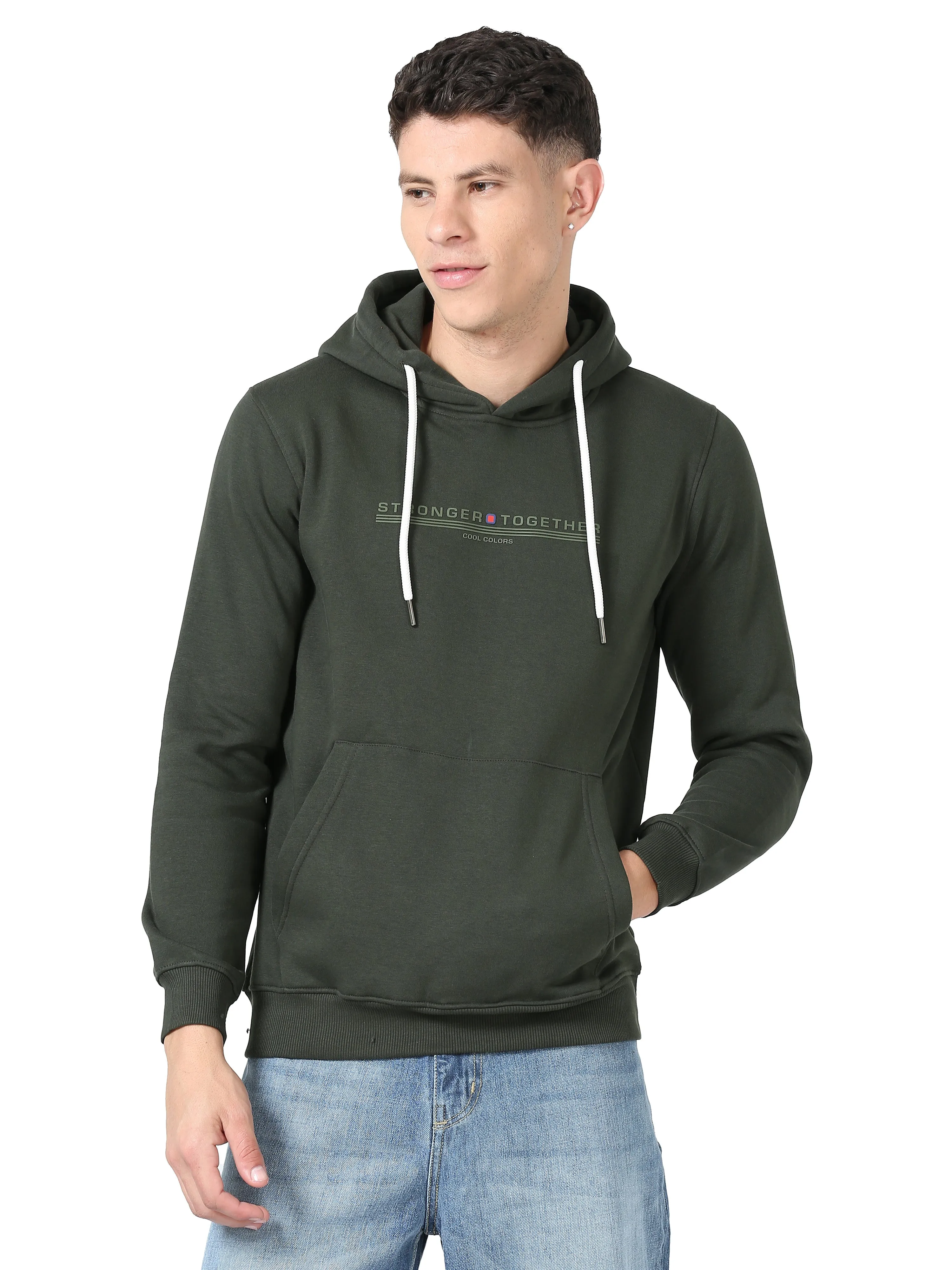 Men's Olive Regular Fit Printed Hoodie Full Sleeves Casual Sweatshirt