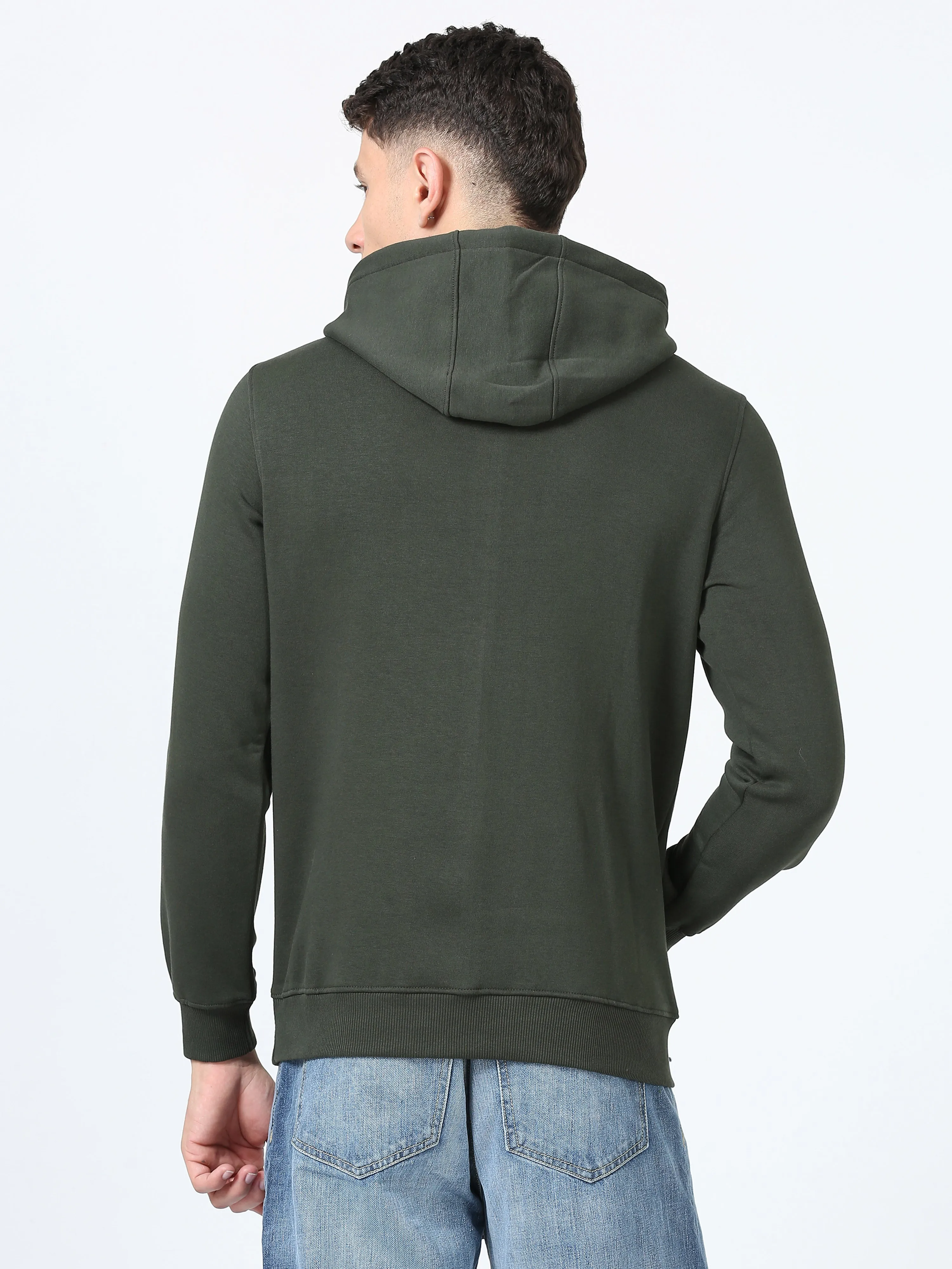 Men's Olive Regular Fit Printed Hoodie Full Sleeves Casual Sweatshirt