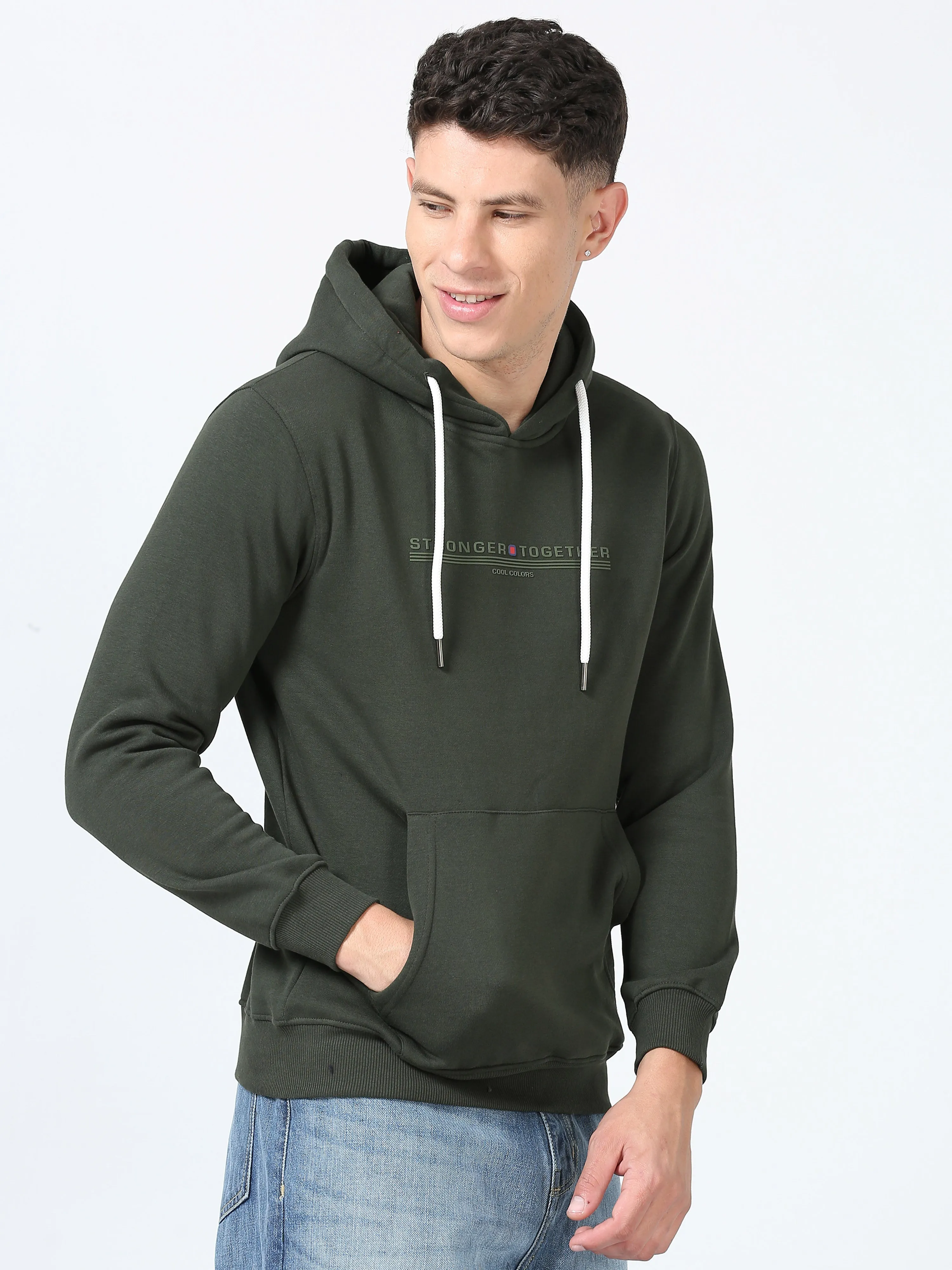 Men's Olive Regular Fit Printed Hoodie Full Sleeves Casual Sweatshirt