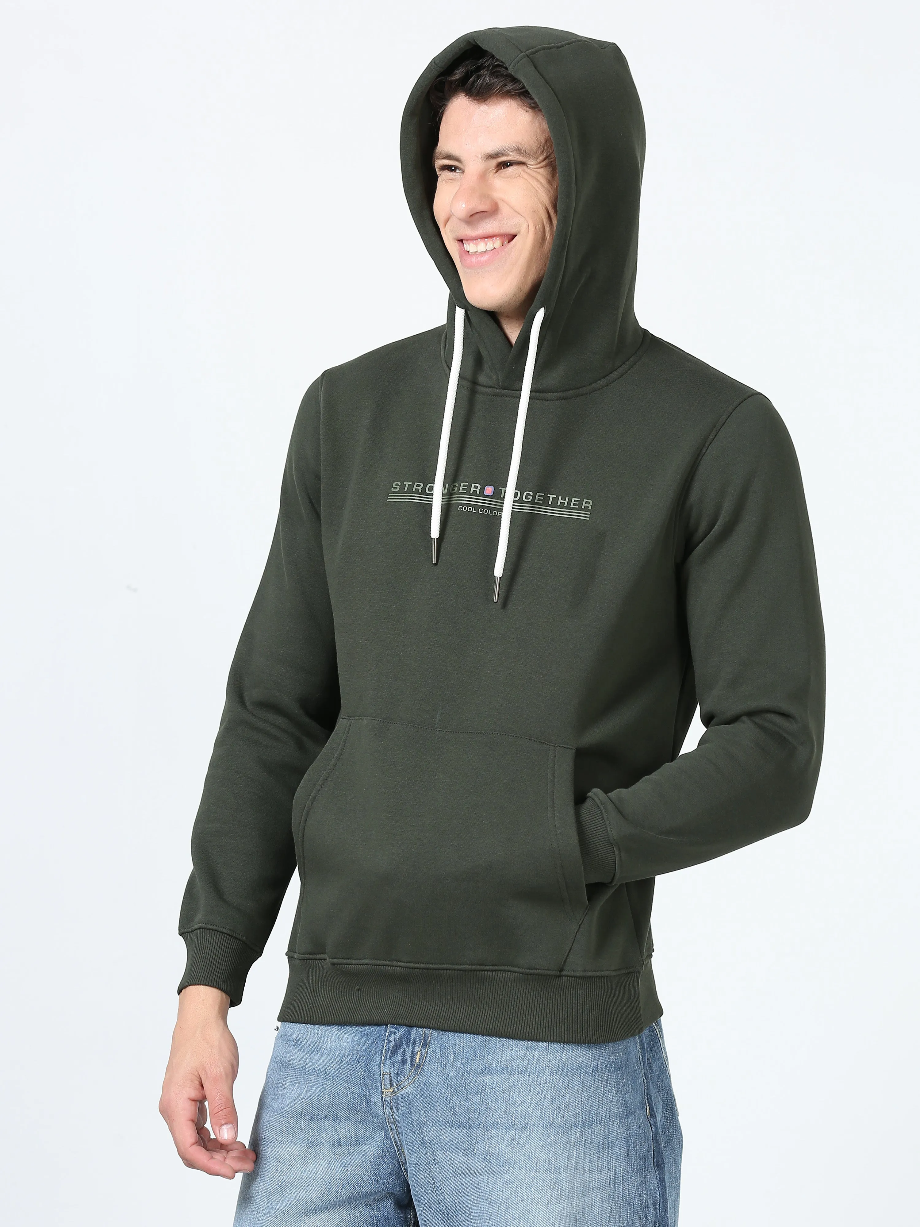 Men's Olive Regular Fit Printed Hoodie Full Sleeves Casual Sweatshirt