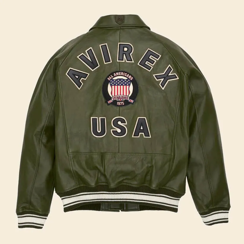 Men's Olive Varsity Bomber Avirex Leather Jacket