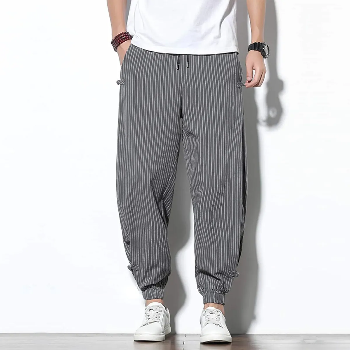 Men's Pants Loose Thin Grey & White Striped Jogger Breathable Casual Harem Combo (Pack of 2)