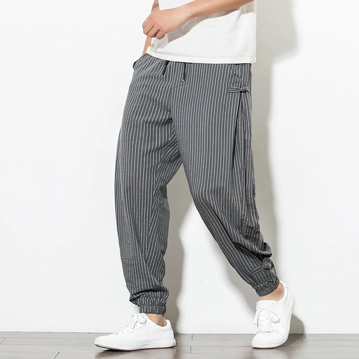 Men's Pants Loose Thin Grey & White Striped Jogger Breathable Casual Harem Combo (Pack of 2)