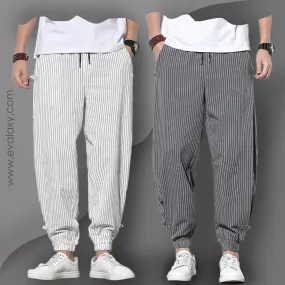 Men's Pants Loose Thin Grey & White Striped Jogger Breathable Casual Harem Combo (Pack of 2)