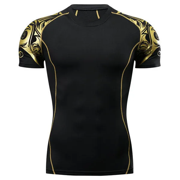 Mens Quick-drying Printed Short Sleeve Tight Tops Jogging Training Fitness Sport T-shirt