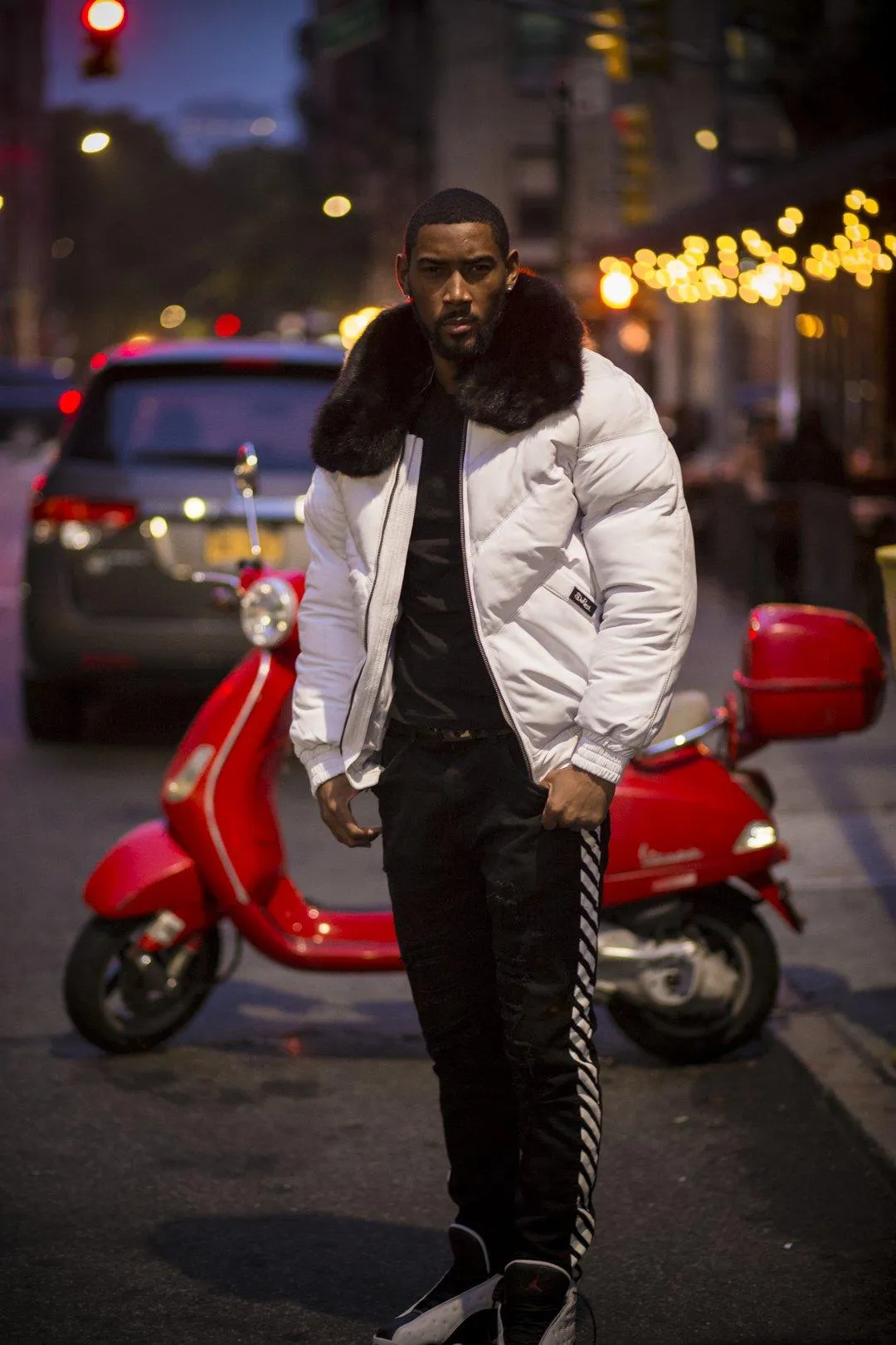 MEN'S WHITE (BLACK FUR) V BOMBER JACKET