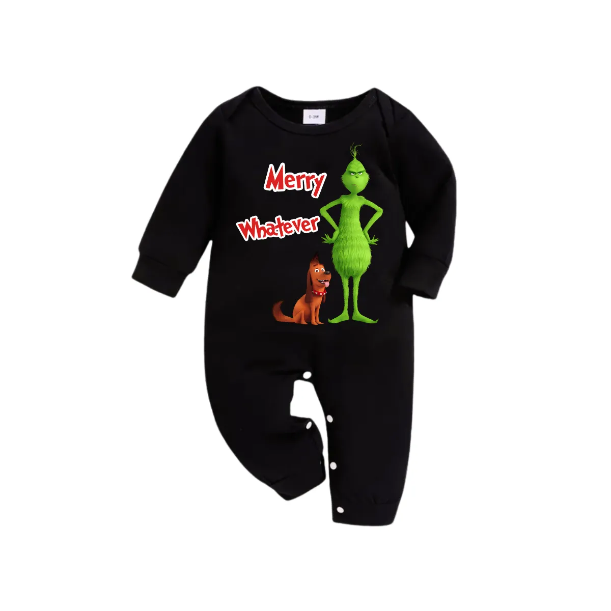 'Merry Whatever' Red Text With Green Cartoon Characters and Dog Pattern Black Top Green Plaid Plaid Pants Family Matching Pajamas