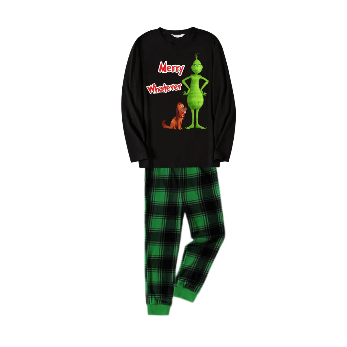 'Merry Whatever' Red Text With Green Cartoon Characters and Dog Pattern Black Top Green Plaid Plaid Pants Family Matching Pajamas