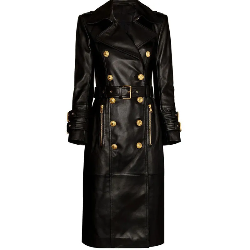 Military Metal Button Detail Peak Lapel Long Sleeve Belted Midi Vegan Leather Coat