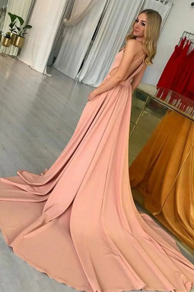 Modest Pink Long Open Back Simple Cheap Elegant Prom Dresses Evening Dresses