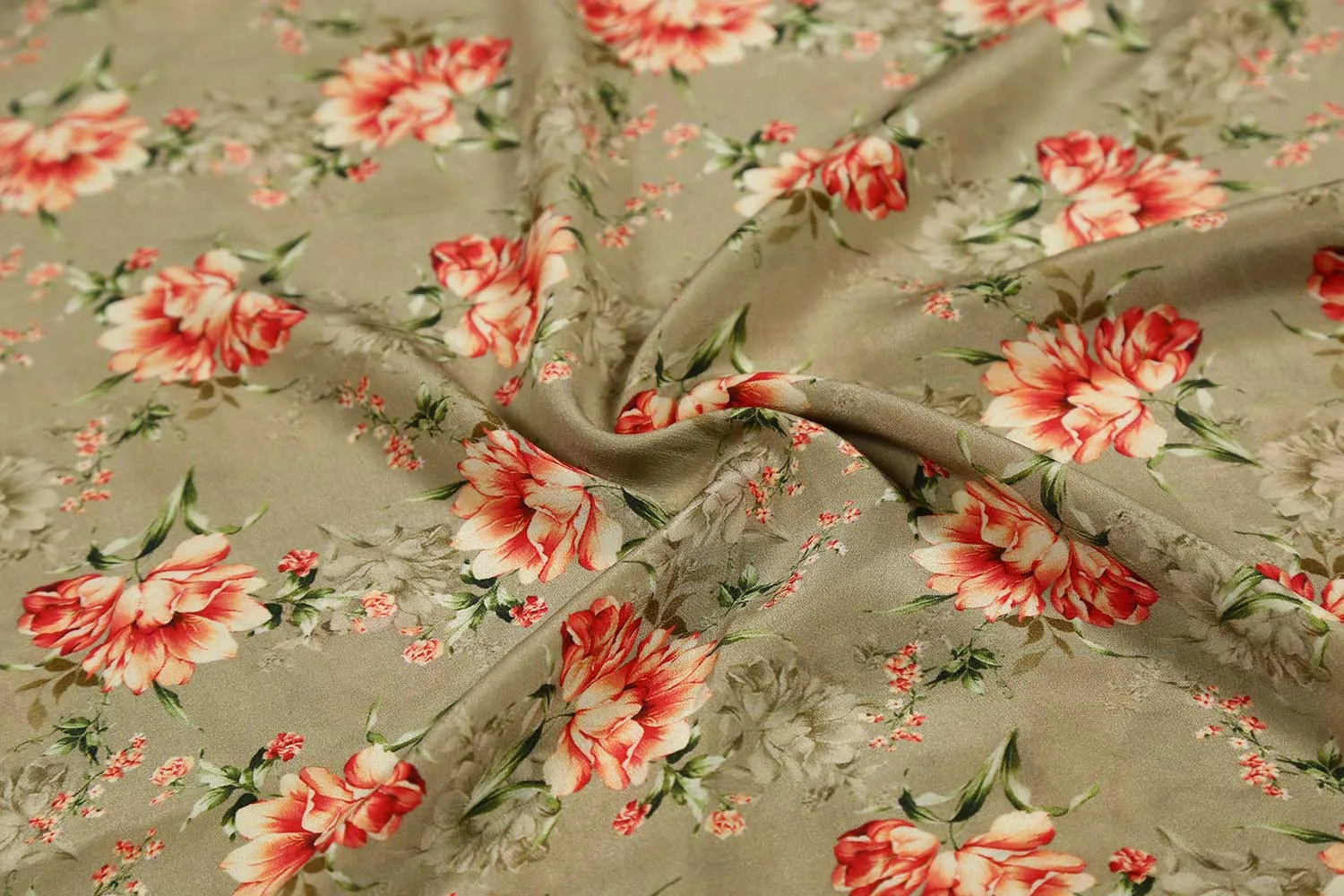 Olive 60 Gram Printed Silk Crepe Fabric