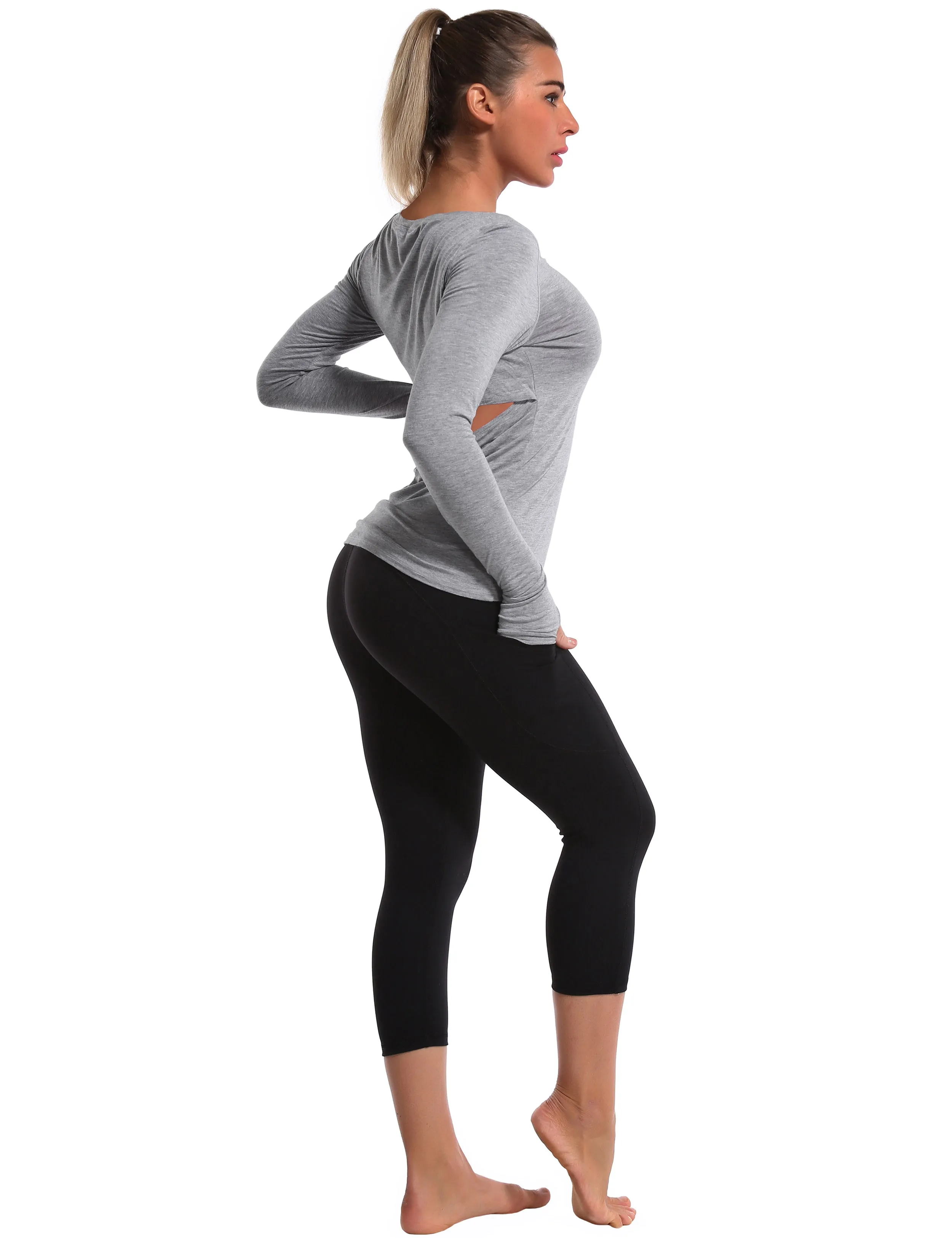 Open Back Long Sleeve Tops heathergray_Running