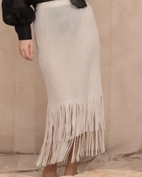 Pleated Midi Skirt with multi fringed tassel hem design in white