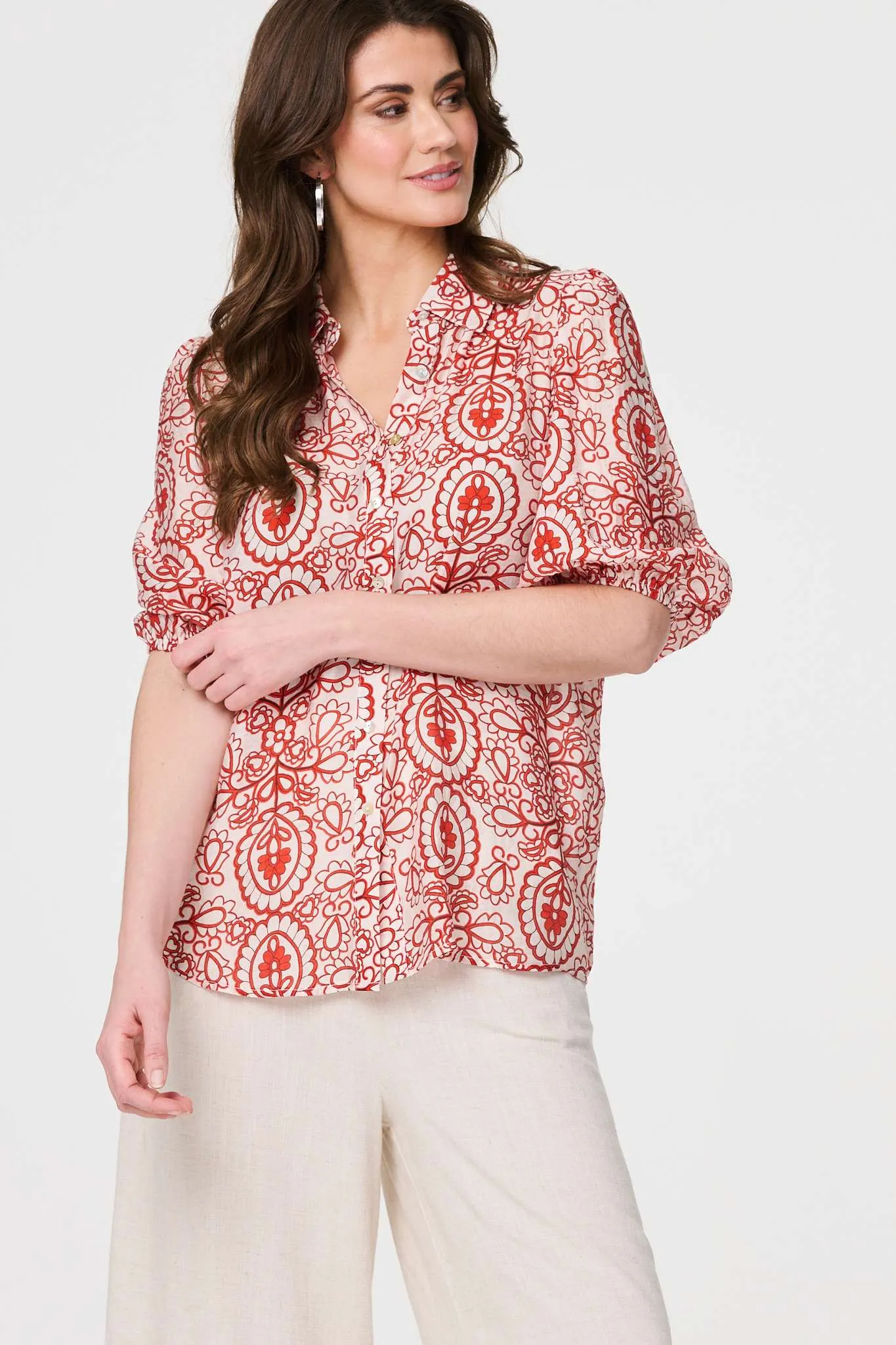 Printed Puff 1/2 Sleeve Button-Up Shirt