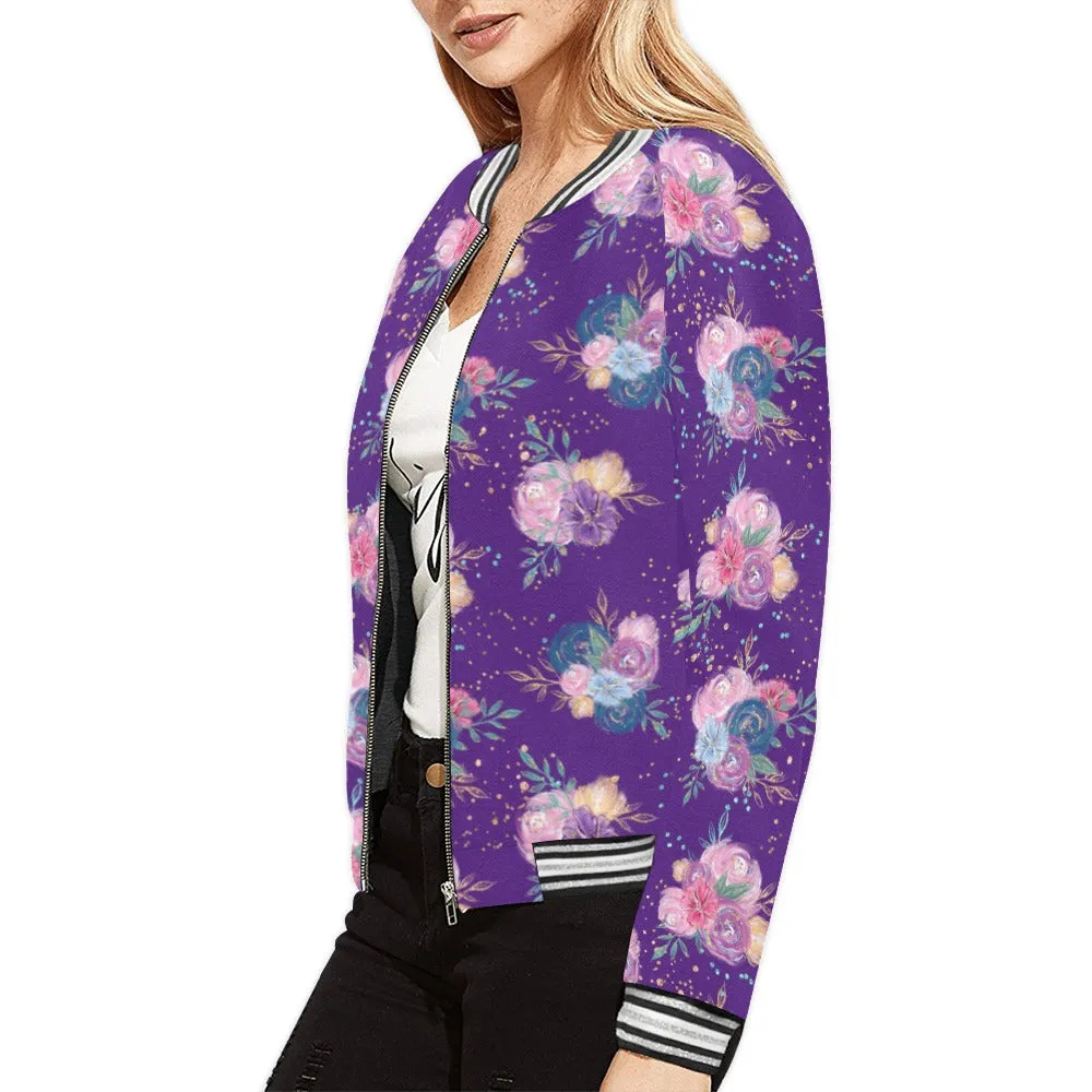 Purple Floral Bomber Jacket for Women