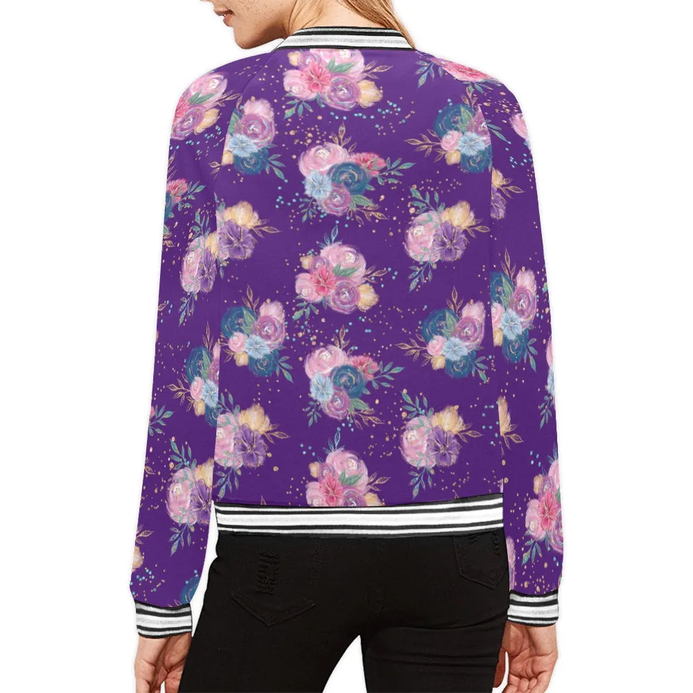 Purple Floral Bomber Jacket for Women