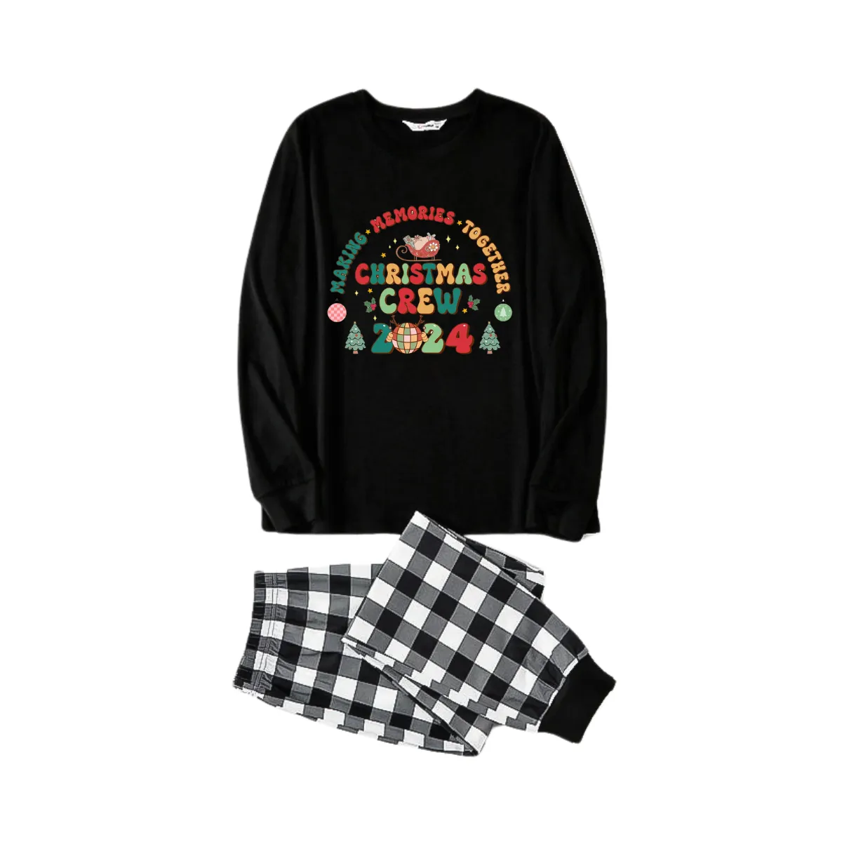 "Making Memories Together Christmas Crew 2024" Print Black Long Sleeve Top with Black And White Plaid Pants Family Matching Pajamas